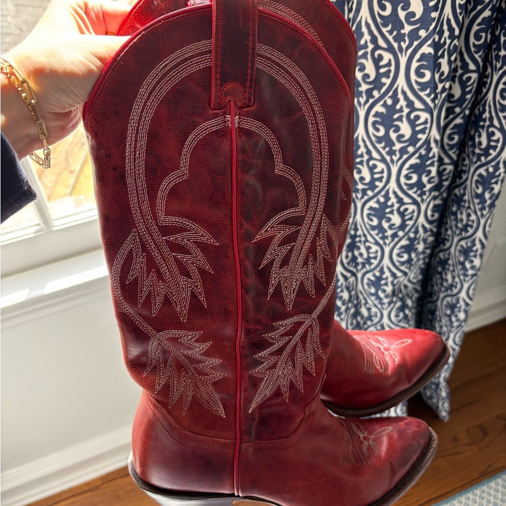 Red Embroidered Leather Cowboy Boots